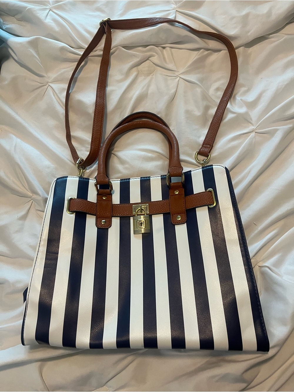 Striped Navy and White Satchel Handbag with Brown Trim